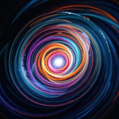 The primary subject of the image is a colorful, swirling pattern that resembles a spiral or a vortex. The setting is a dark background, which contrasts with the vibrant colors of the spiral. The visual style appears to be a combination of digital art and illustration, creating a dynamic and eye-catching design. The dominant colors in the image are blue, purple, and orange, which contribute to a lively and energetic atmosphere.